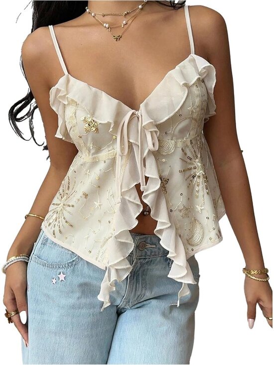 Tops - Women's Y2k Sparkly Sequin Tops Going Out Tie Front Ruffle Tops Cute Summer Cami